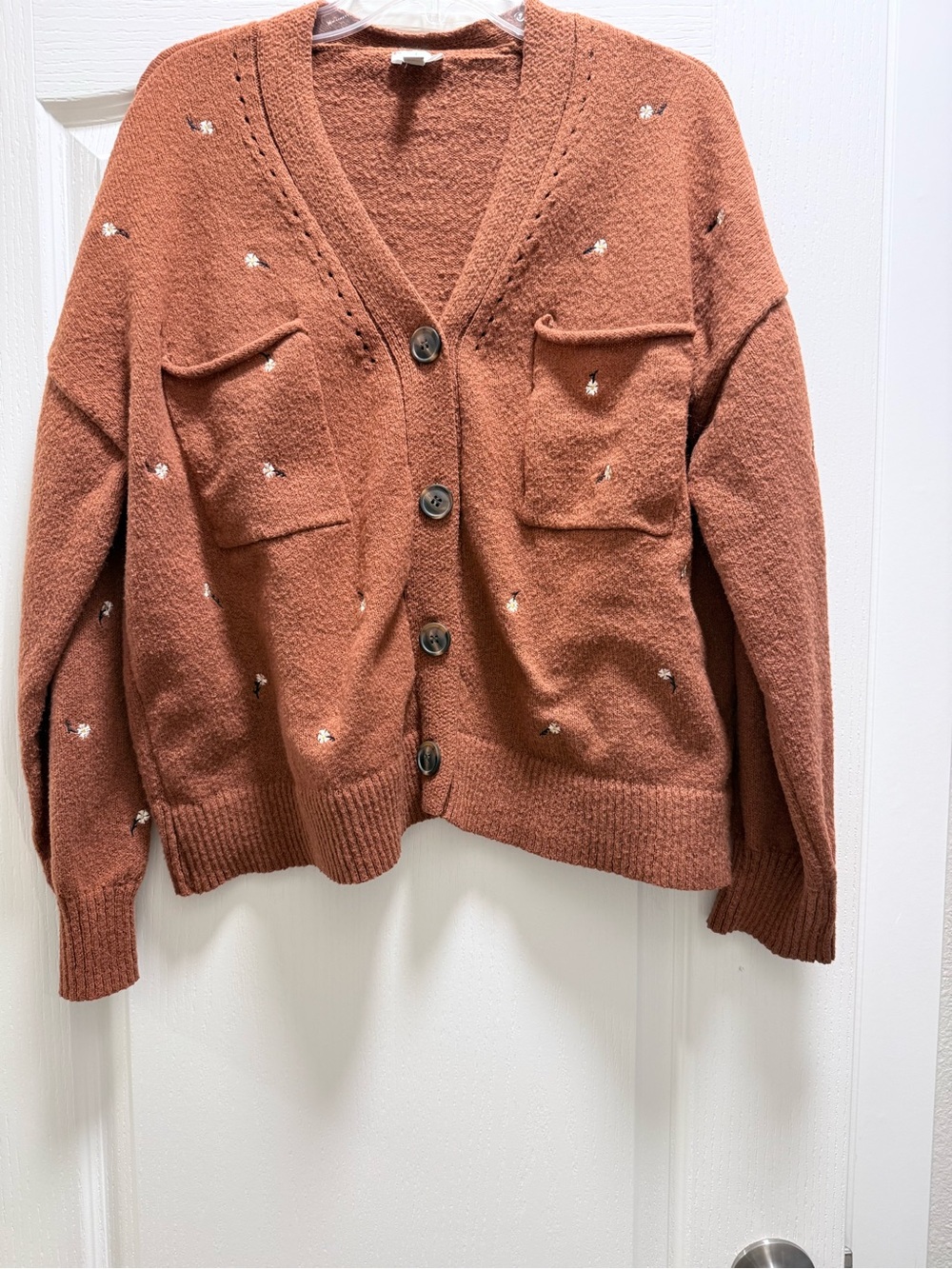 dip Rust Brown Button-Up Cardigan with Tiny White Embroidered Flowers